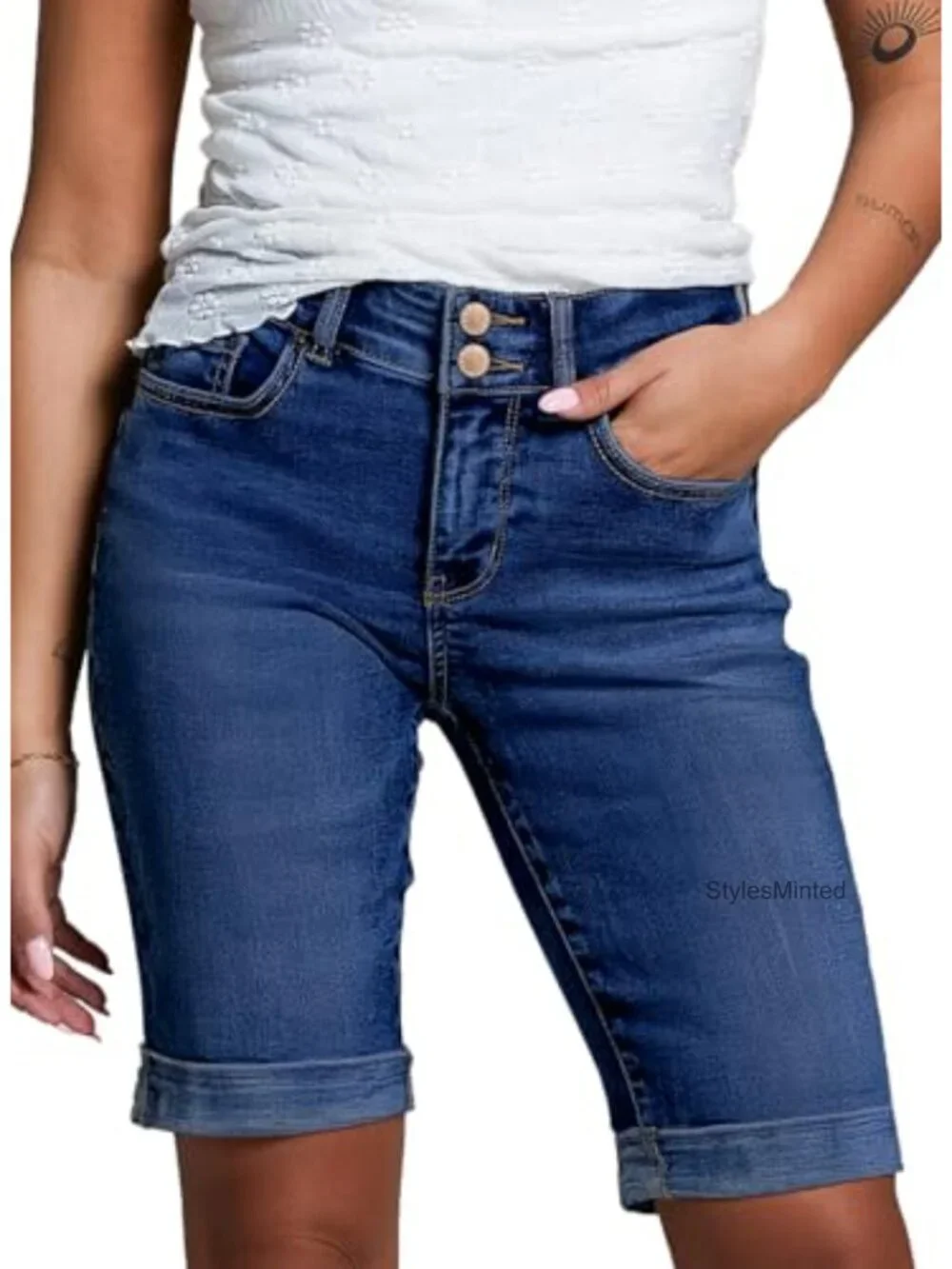 High Waisted Denim Bermuda Shorts Rolled Hem Stretchy Casual Summer